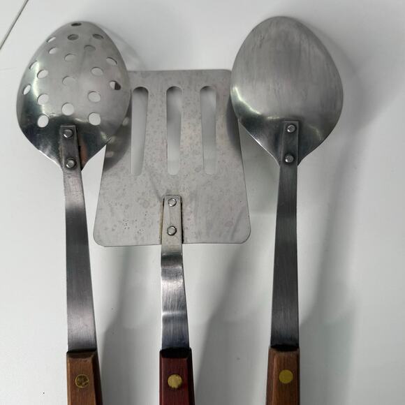 Vintage Robinson Stainless Steel Utensils Wooden Set of 3 -USA -Spoons Spatula - Picture 8 of 9